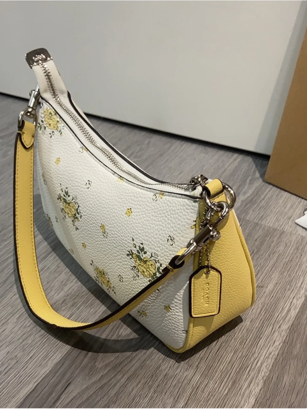 Coach White Leather Shoulder Bag with Yellow Floral Print